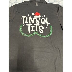 District Made Womens Medium Black Tinsel  chestChristmas Graphic Tee Shirt humor